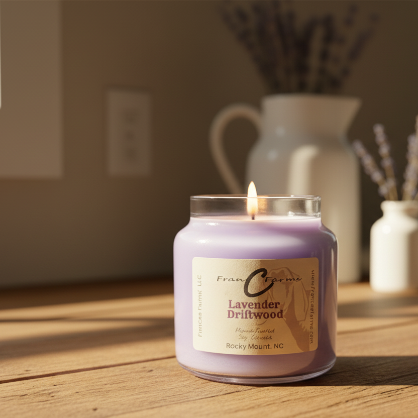 Lavender Driftwood Soy Candle in an apothecary jar, glowing with a warm light on a wooden table.