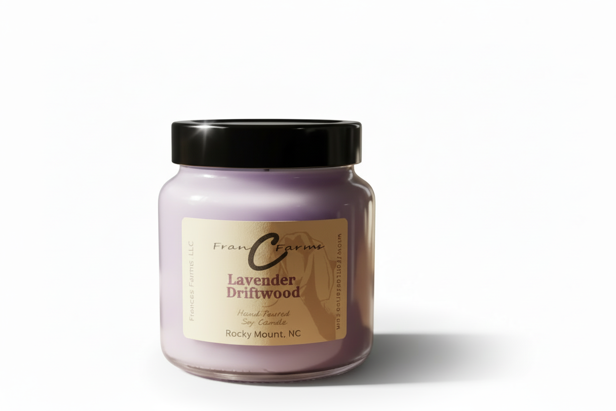 Lavender Driftwood Soy Candle - 18 oz. Apothecary Jar, handcrafted with a woodsy aroma.