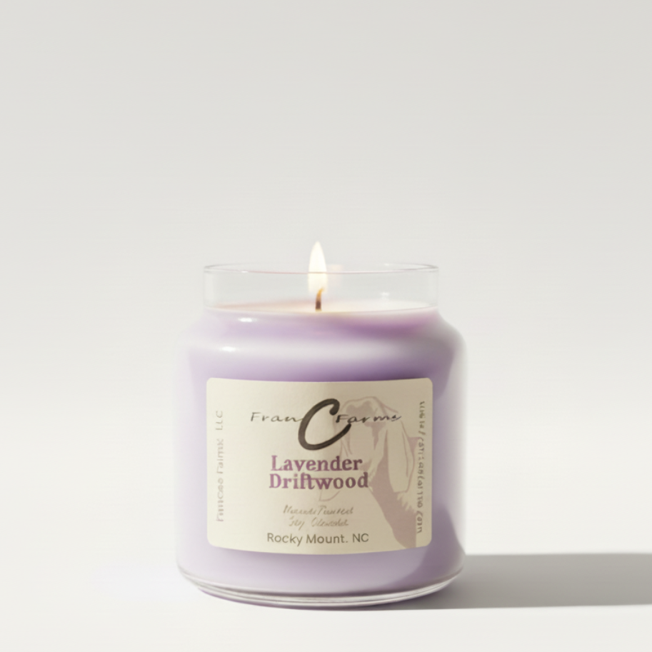 Lavender Driftwood Soy Candle - 18 oz. Apothecary Jar with a soft purple color and natural woodsy aroma.
