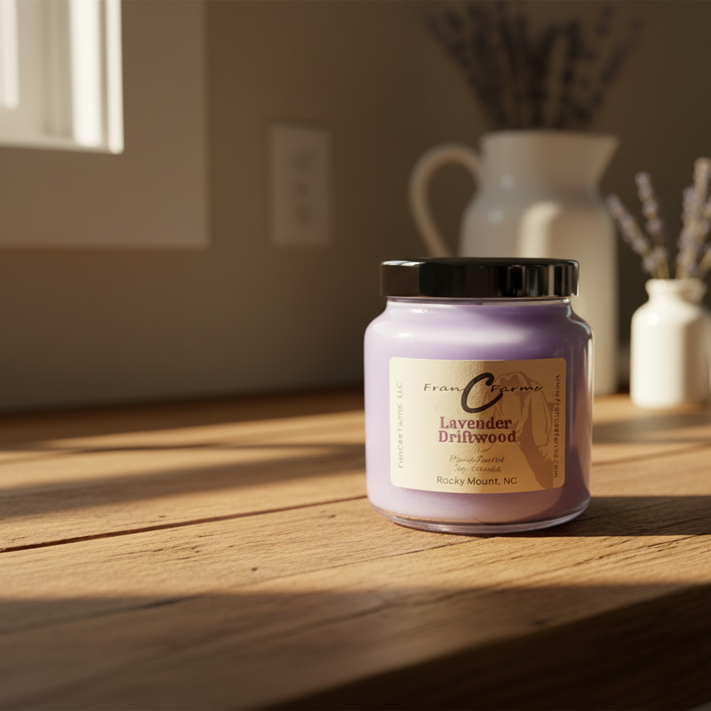 Lavender Driftwood Soy Candle in an apothecary jar on a wooden table, showcasing a soothing lavender hue.