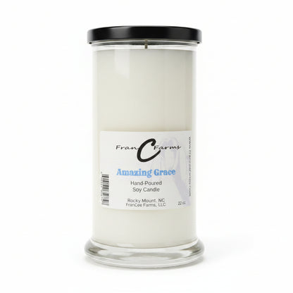 Amazing Grace soy candle in a clear 22 oz. status jar with a black lid, featuring a simple label design.