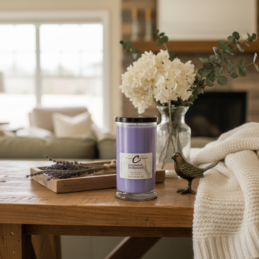 Lavender Driftwood Soy Candle - 22 oz. in a cozy living room setting on a rustic table with flowers and lavender.