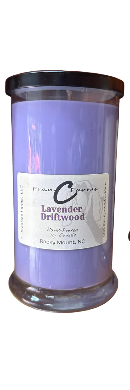 Lavender Driftwood Soy Candle in a glass jar, featuring a fresh woodsy aroma with floral and masculine notes.