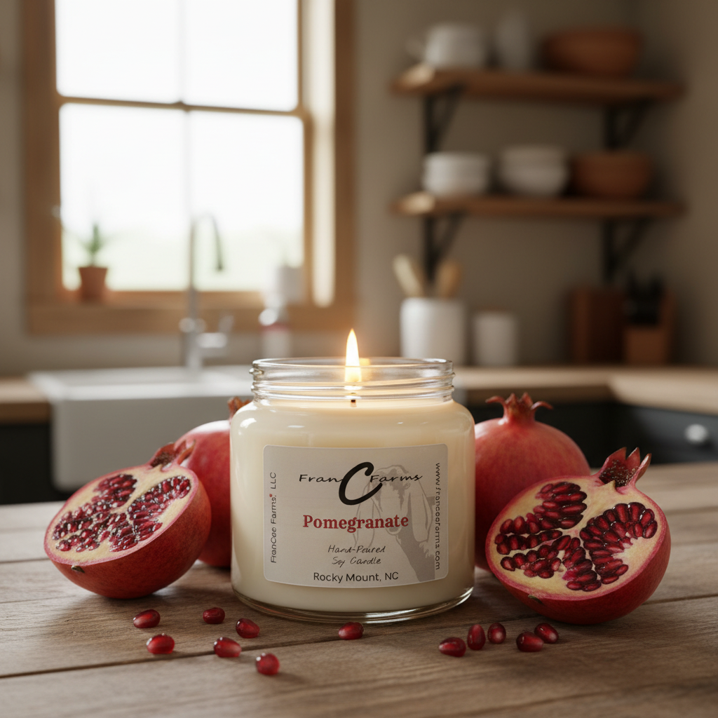Pomegranate Soy Candle in an apothecary jar surrounded by fresh pomegranates on a kitchen counter.