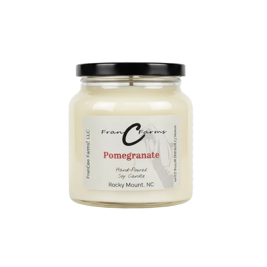 Pomegranate Soy Candle in an 18 oz. Apothecary Jar by FranC Farms, hand-poured in Rocky Mount, NC.