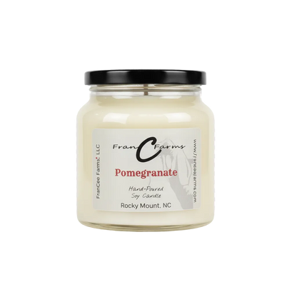 Pomegranate Soy Candle in an 18 oz. Apothecary Jar by FranC Farms, hand-poured in Rocky Mount, NC.