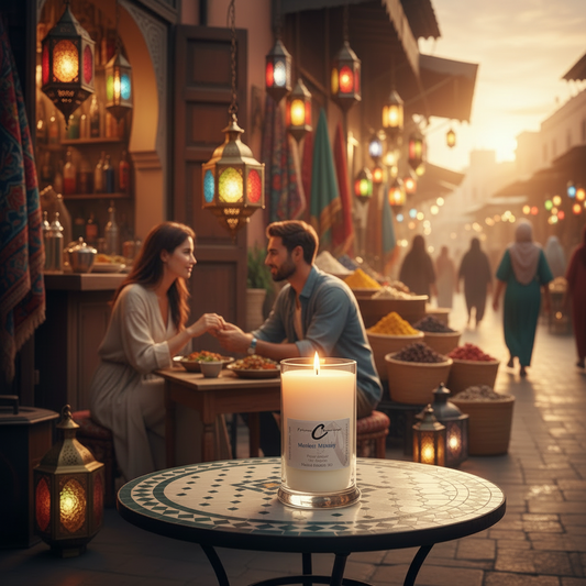 Market Melody soy candle lit on a table in a vibrant Moroccan market, evoking rich scents and colorful surroundings.