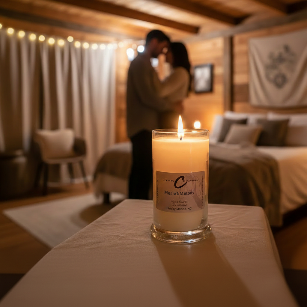 Market Melody soy candle in a cozy bedroom setting with a couple sharing a moment.