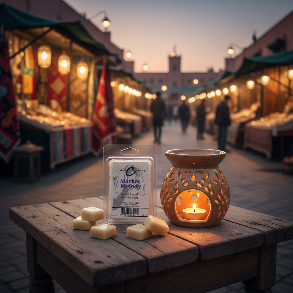 Market Melody soy wax melts displayed next to a candle on a table in a vibrant market setting.