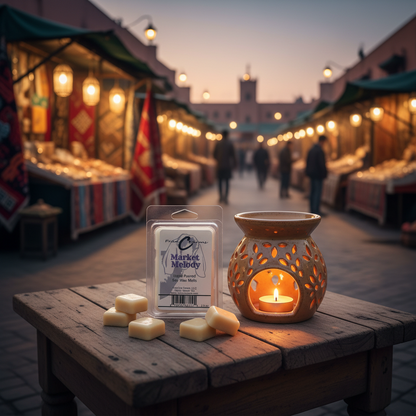 Market Melody soy wax melts displayed next to a candle on a table in a vibrant market setting.