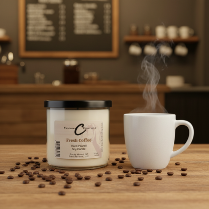 Fresh Coffee Soy Candle 20 oz on wooden table with coffee cup and scattered coffee beans in cozy cafe setting.