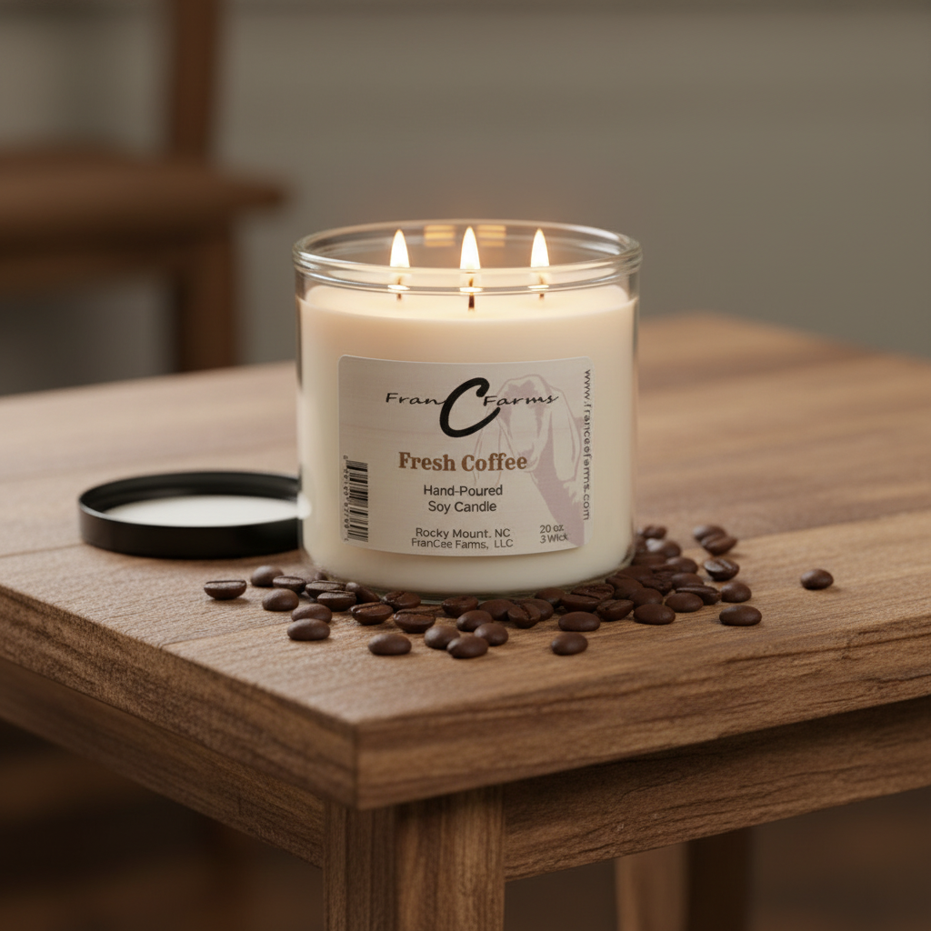 Fresh Coffee Soy Candle in a glass jar with three wicks, displayed on a wooden table with coffee beans.