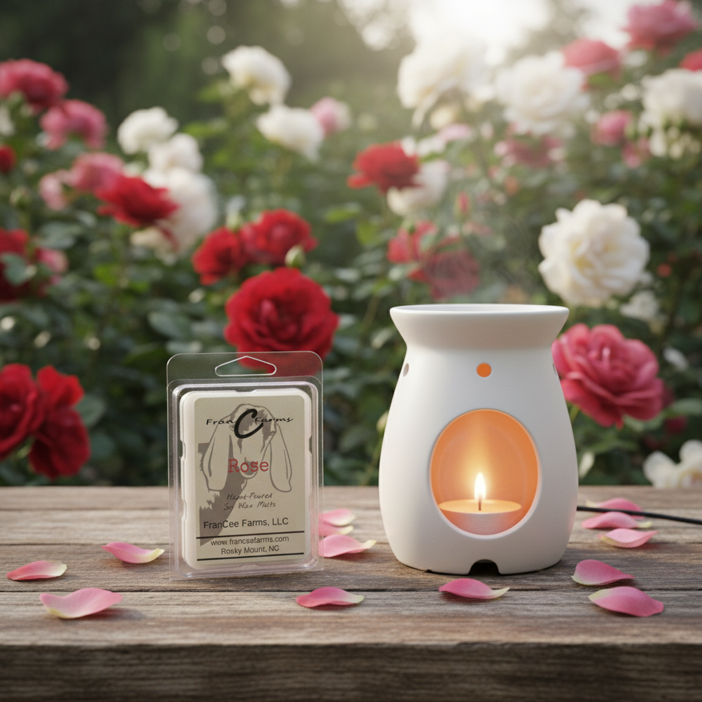 Rose Petal Soy Wax Melts in a wax warmer with rose petals and blooming roses in the background.