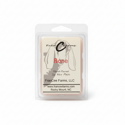 Rose Petal Soy Wax Melts packaging by FranCee Farms, featuring a hand-poured design in a clear clamshell.