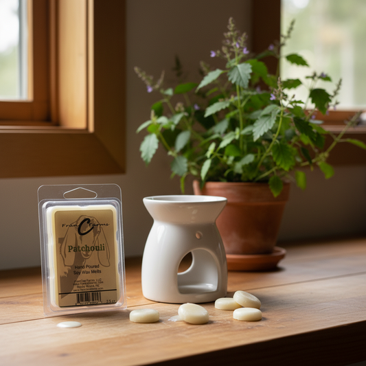 Patchouli soy wax melts on a wooden table beside a wax warmer and a potted plant, showcasing clean burning fragrance.