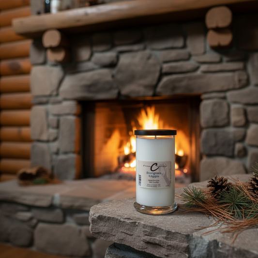 Evergreen & Apple Soy Candle - 20 oz. Status Jar displayed by a cozy fireplace.
