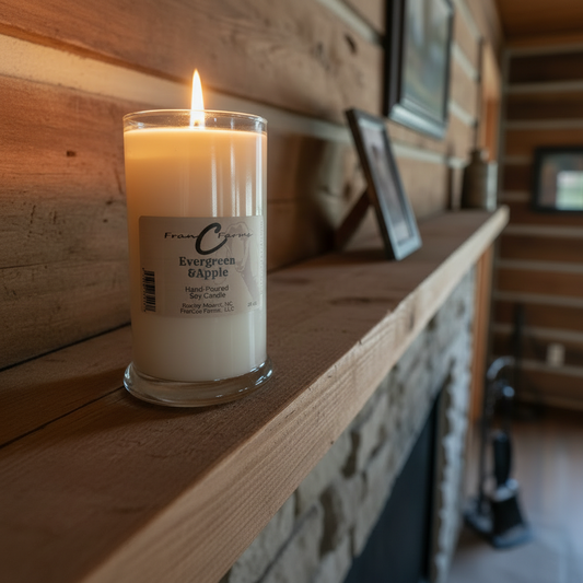 Evergreen & Apple Soy Candle - 22 oz. Status Jar on a wooden shelf in a cozy room.