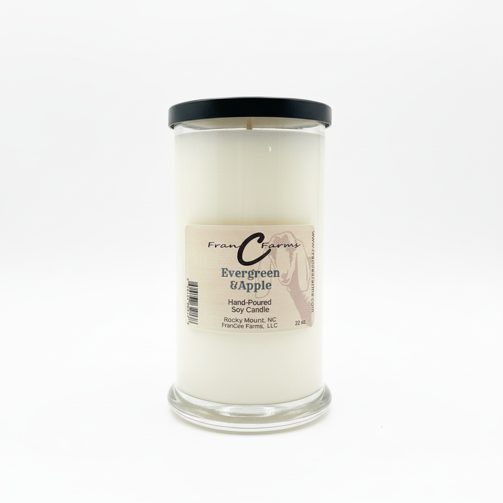 Evergreen & Apple Soy Candle - 20 oz. Status Jar by Fran Farms, invigorating seasonal scent.