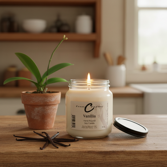 Vanilla soy candle in an apothecary jar with flame, next to a potted plant on a kitchen countertop.