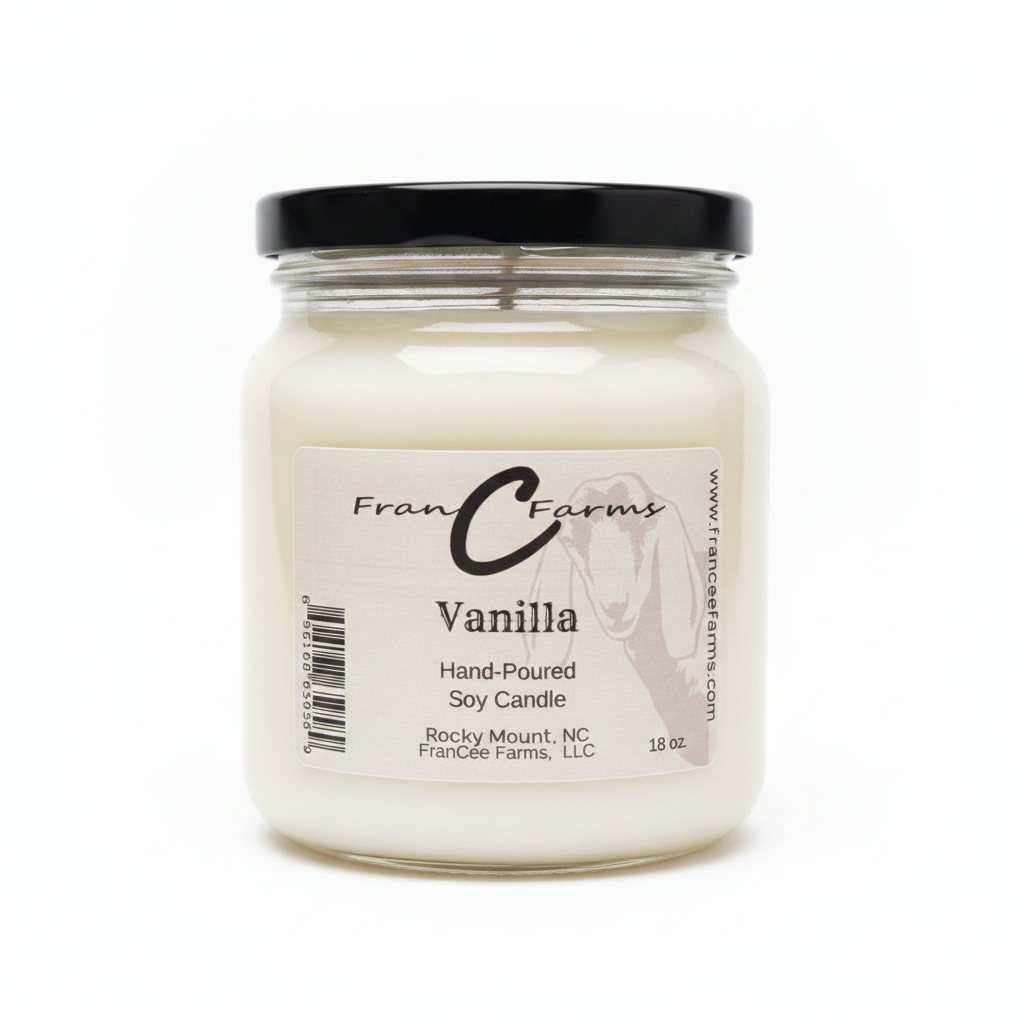 Vanilla soy candle in an apothecary jar, hand-poured by FranC Farms, 18 oz, perfect for a calming atmosphere.