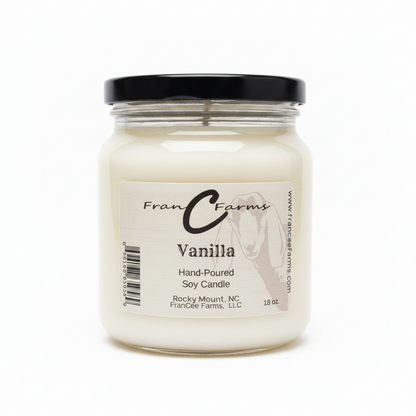 Vanilla soy candle in an apothecary jar, hand-poured by FranC Farms, 18 oz, perfect for a calming atmosphere.