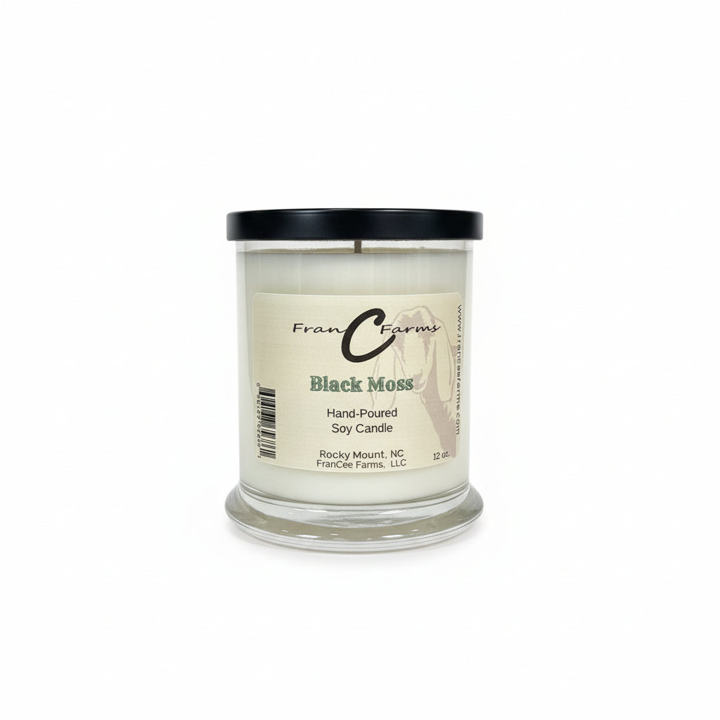 Black Moss Soy Candle - 12 oz. Status Jar by Fran Farms, hand-poured with aquatic aroma.