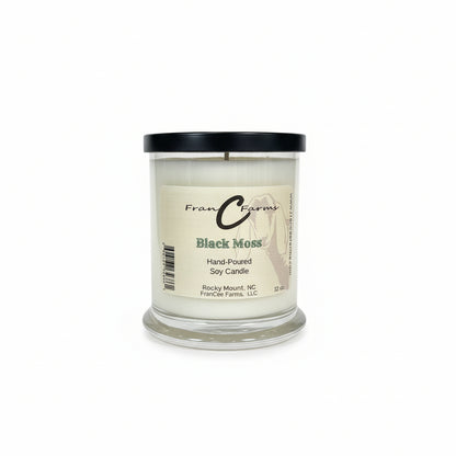 Black Moss Soy Candle - 12 oz. Status Jar by Fran Farms, hand-poured with aquatic aroma.