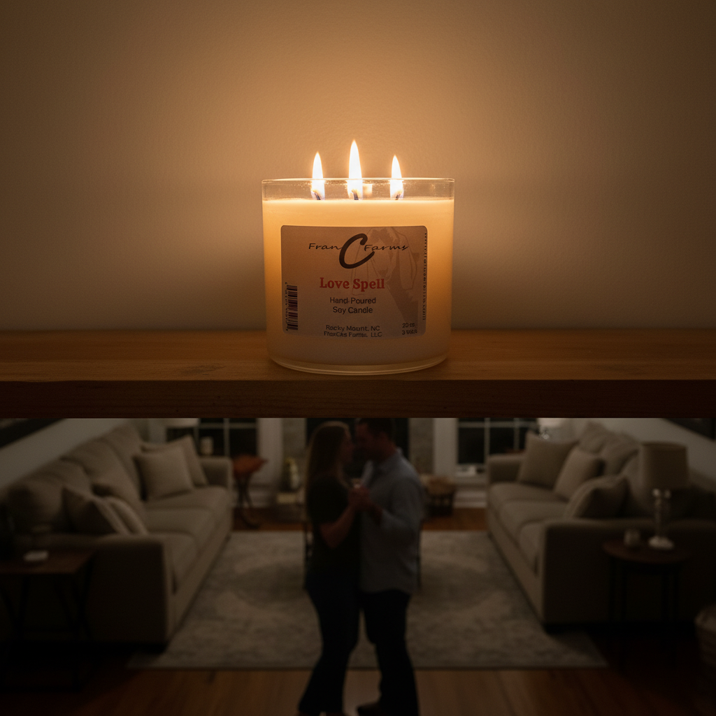 Love Spell soy candle on a shelf with three wicks burning in a romantic setting.