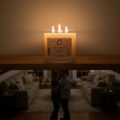 Love Spell soy candle on a shelf with three wicks burning in a romantic setting.