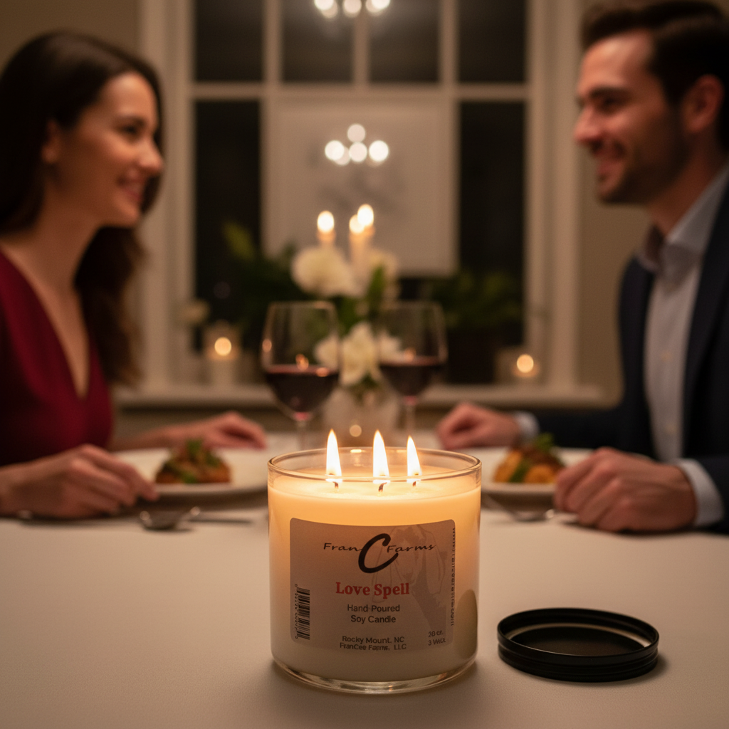 Love Spell soy candle with three wicks glowing on a dinner table during a romantic dinner setting.