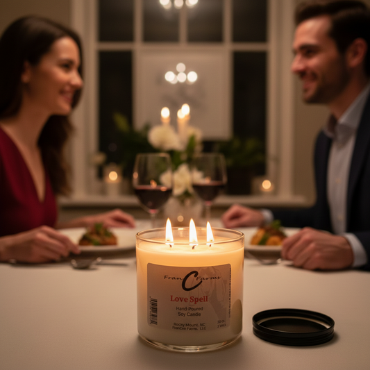 Love Spell soy candle with three wicks glowing on a dinner table during a romantic dinner setting.