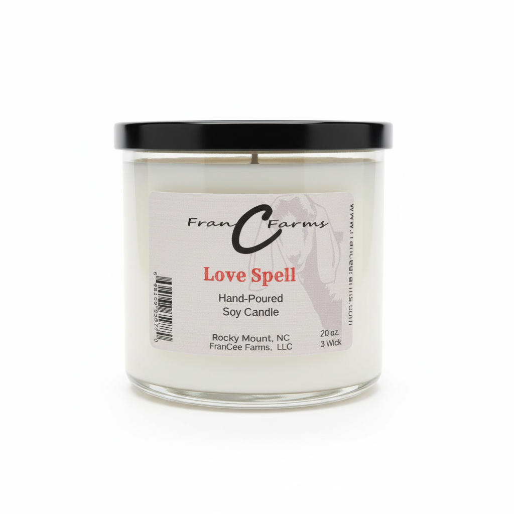 Love Spell soy candle in glass jar, 20 oz with 3 wicks, hand-poured by FranCee Farms.