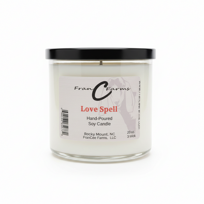 Love Spell soy candle in glass jar, 20 oz with 3 wicks, hand-poured by FranCee Farms.