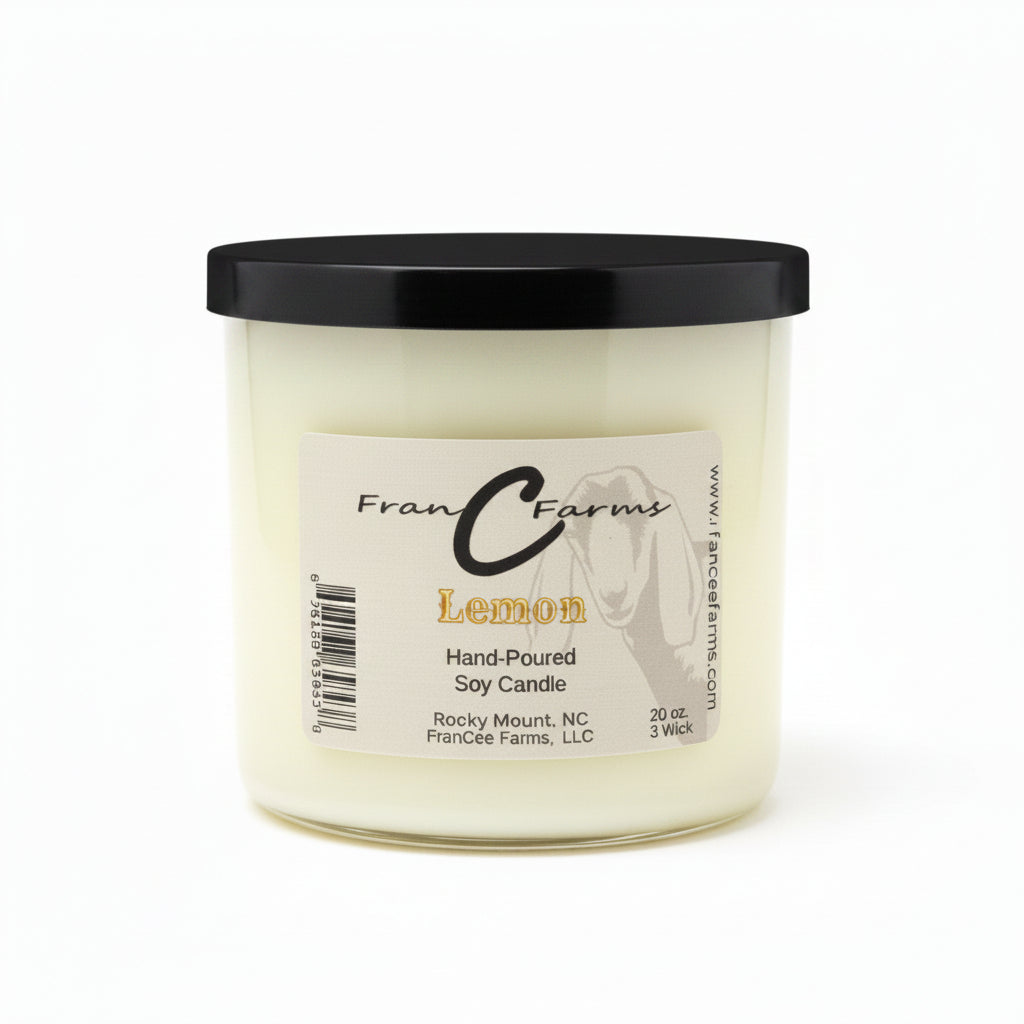 Lemon soy candle in 20 oz. jar with three wicks and hand-poured quality from FranC Farms.