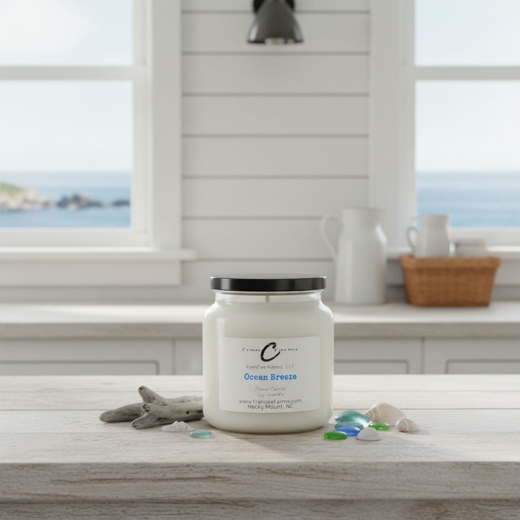 Ocean Breeze Soy Candle - 18 oz. Apothecary Jar on a countertop with coastal view in the background.