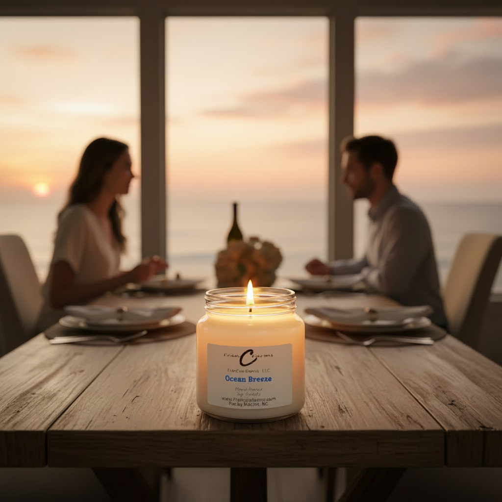 Soy Ocean Breeze Soy Candle glowing on a dinner table with sunset view, creating a cozy atmosphere.