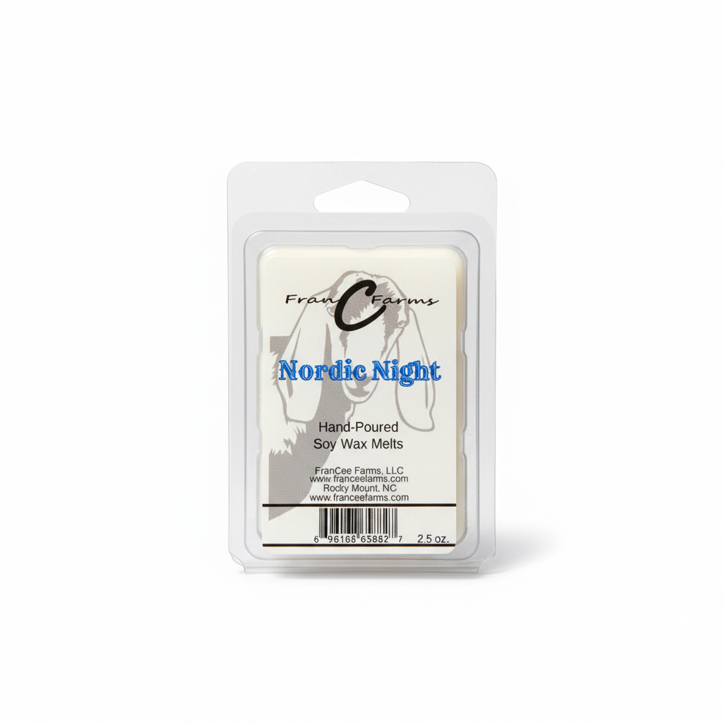 Nordic Night Soy Wax Melts packaging showing hand-poured wax melts with a winter-themed label.