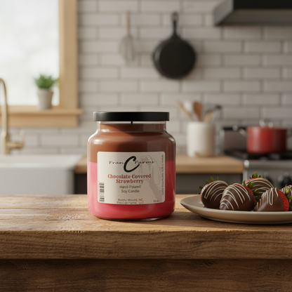 Chocolate Covered Strawberry Soy Candle in an apothecary jar displayed in a kitchen setting with chocolate-dipped strawberries.