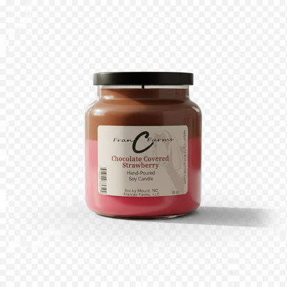 Chocolate Covered Strawberry Soy Candle in 18 oz. apothecary jar with hand-poured layers of chocolate and strawberry.