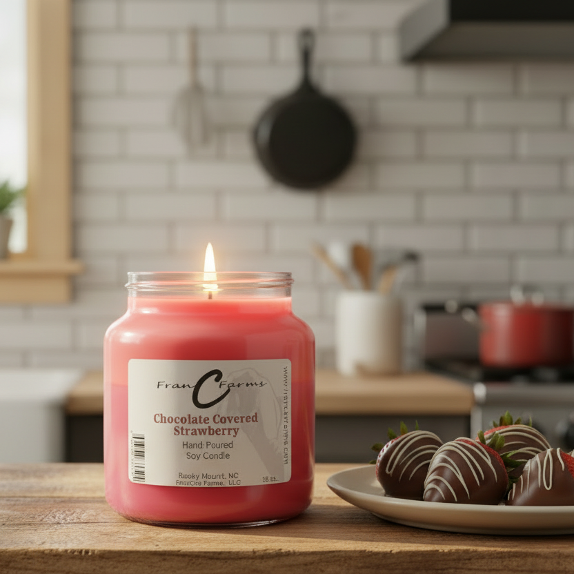 Chocolate Covered Strawberry Soy Candle in 18 oz. jar with chocolate strawberries on a table.