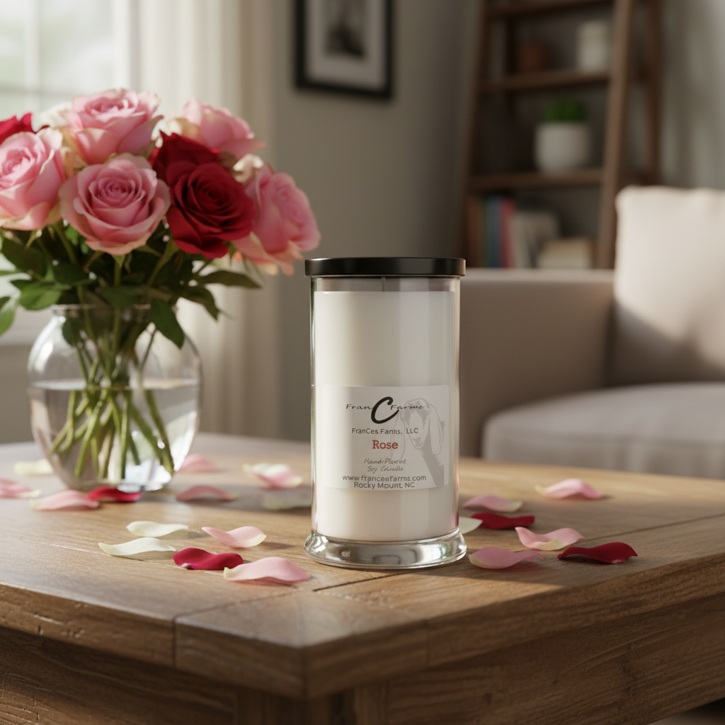 Rose Petal Soy Candle - 22 oz. Status Jar with a bouquet of roses and scattered petals on a wooden table.