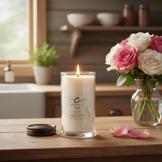 Rose Petal Soy Candle - 22 oz. Status Jar with flowers and petals in a cozy setting.