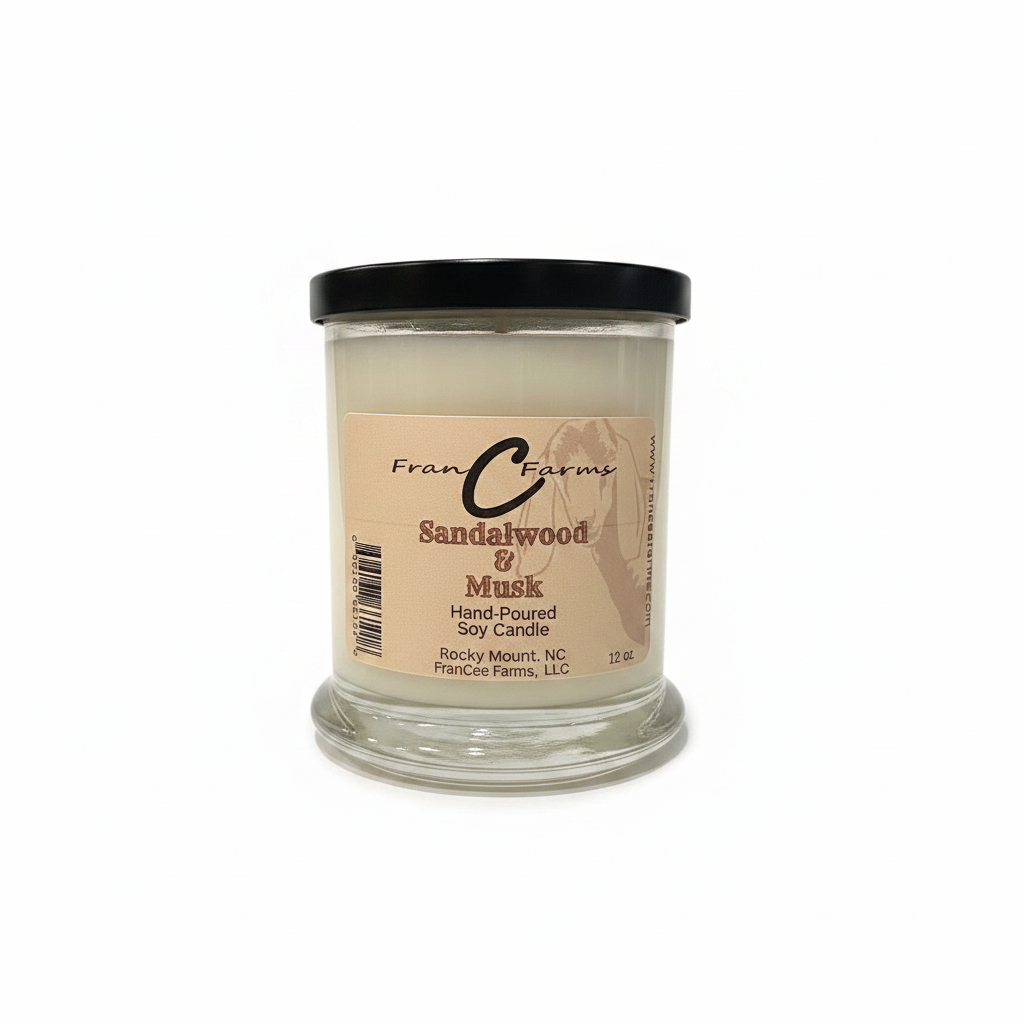 Sandalwood & Musk Soy Candle - 12 oz. Status Jar from Franc Farms, hand-poured with natural essential oils.