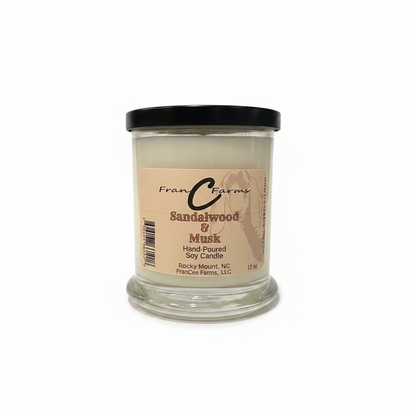Sandalwood & Musk Soy Candle - 12 oz. Status Jar from Franc Farms, hand-poured with natural essential oils.