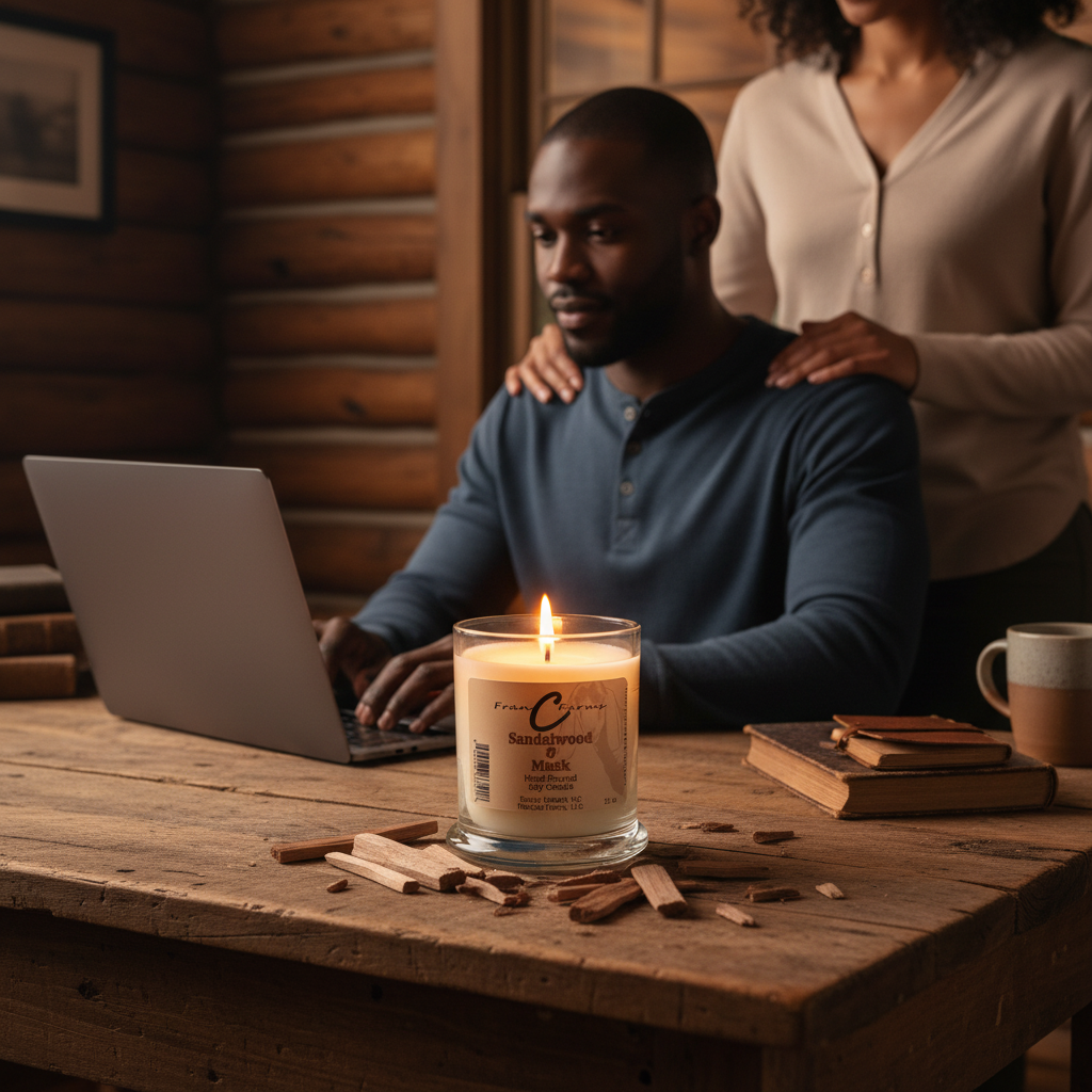 Sandalwood & Musk Soy Candle - 12 oz. Status Jar on a table with a person working on a laptop in a cozy setting.