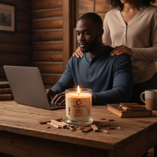 Sandalwood & Musk Soy Candle - 12 oz. Status Jar on a table with a person working on a laptop in a cozy setting.