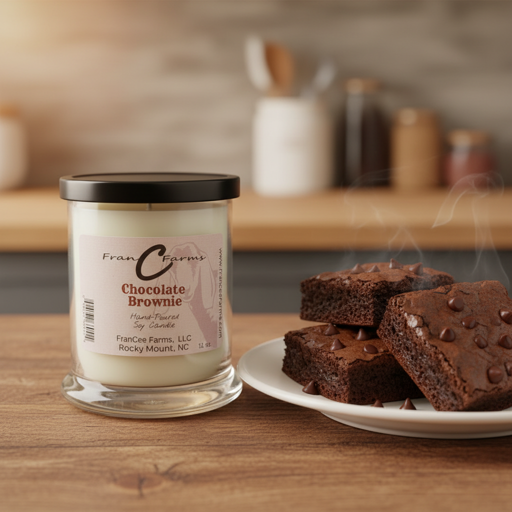 Chocolate Brownie Soy Candle - 12 oz. Status Jar with brownies on a plate in a cozy kitchen setting.