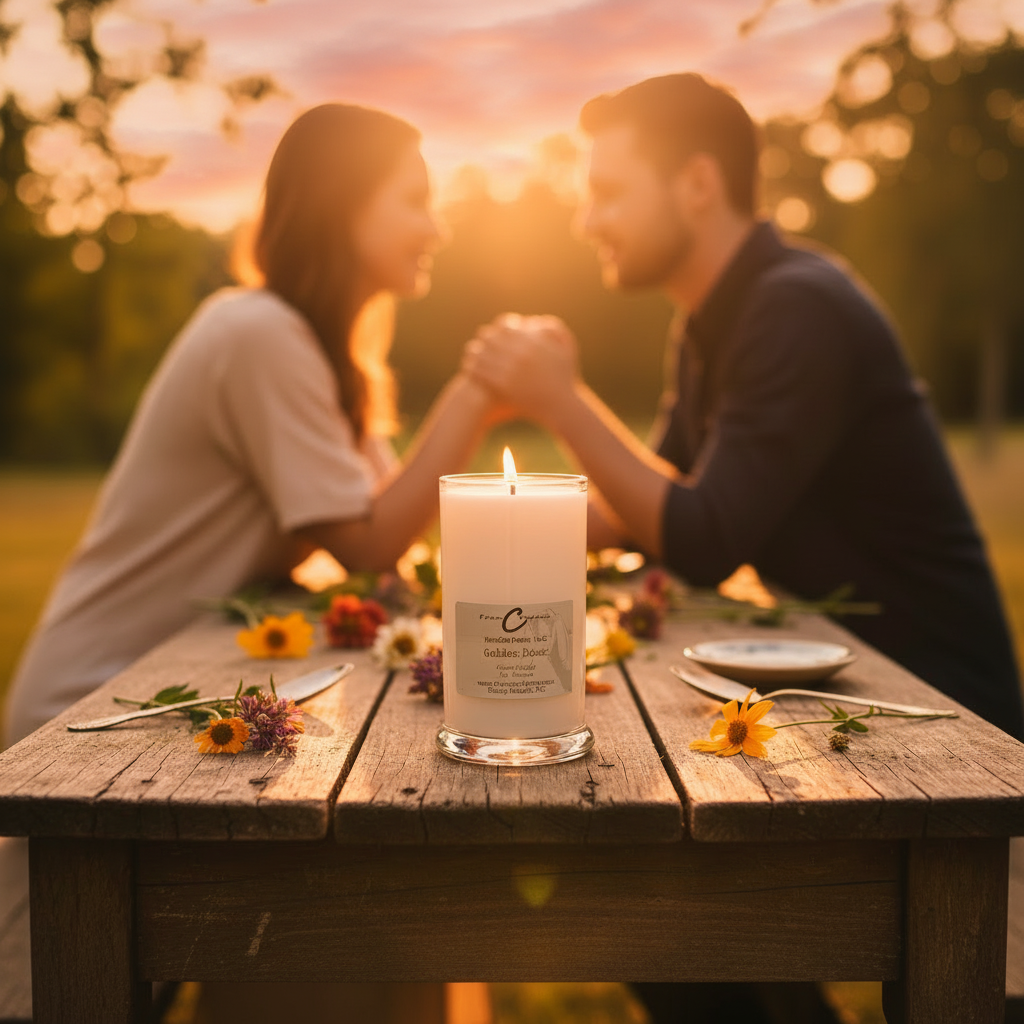 Golden Hour Soy Candle illuminating a romantic outdoor dinner at sunset, surrounded by flowers.