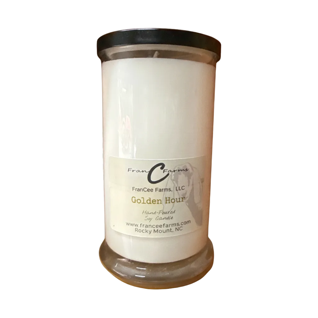 Golden Hour Soy Candle in a 22 oz. jar with label from FranCee Farms, LLC.