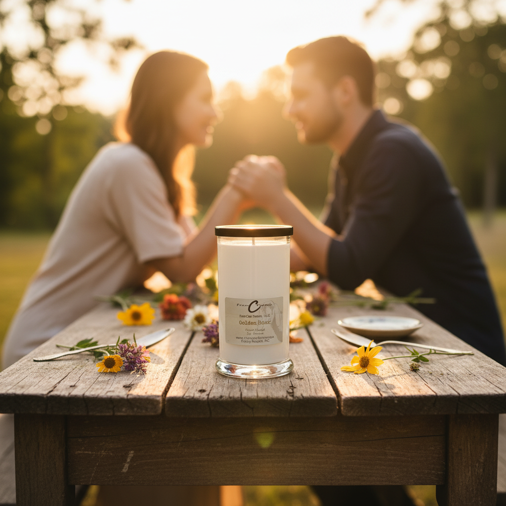 Golden Hour Soy Candle - 18 oz. Apothecary Jar on a table during sunset with flowers.